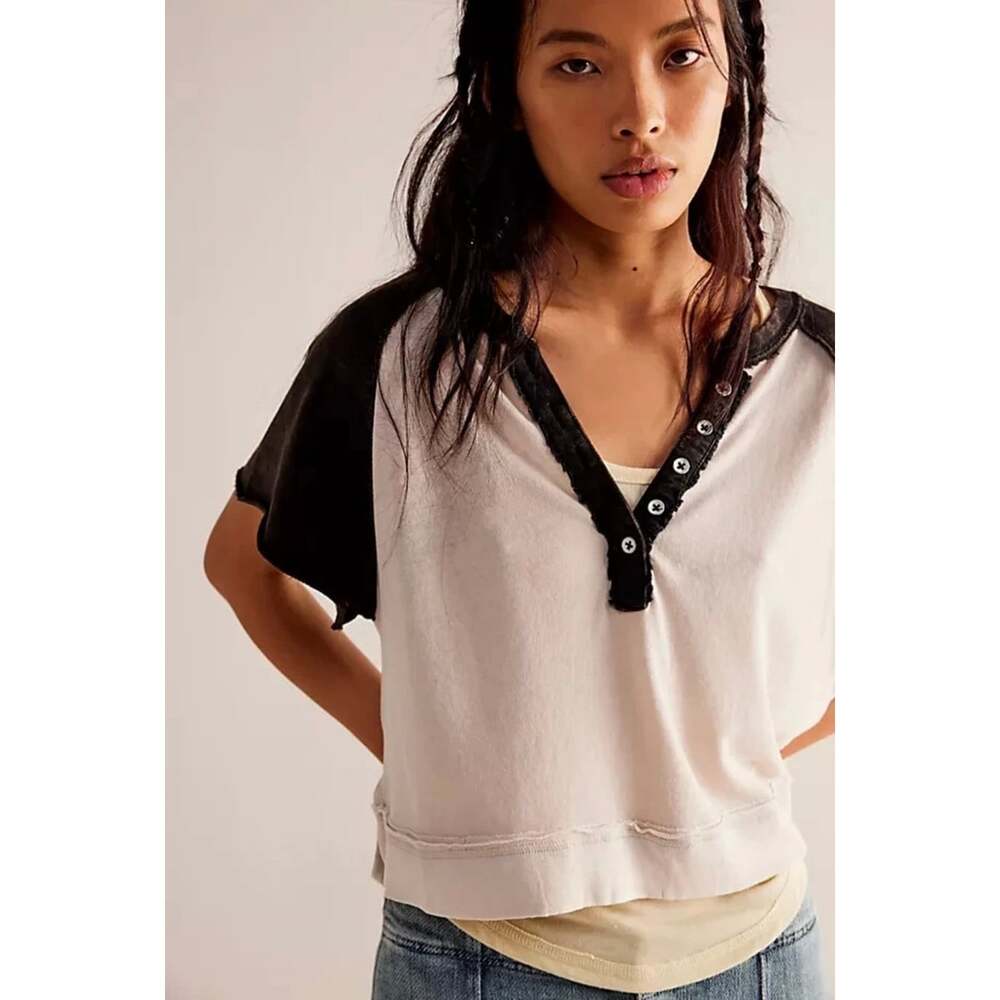Free People We The Free Eyes Closed Henley Top Small Cream Black Cropped Cotton